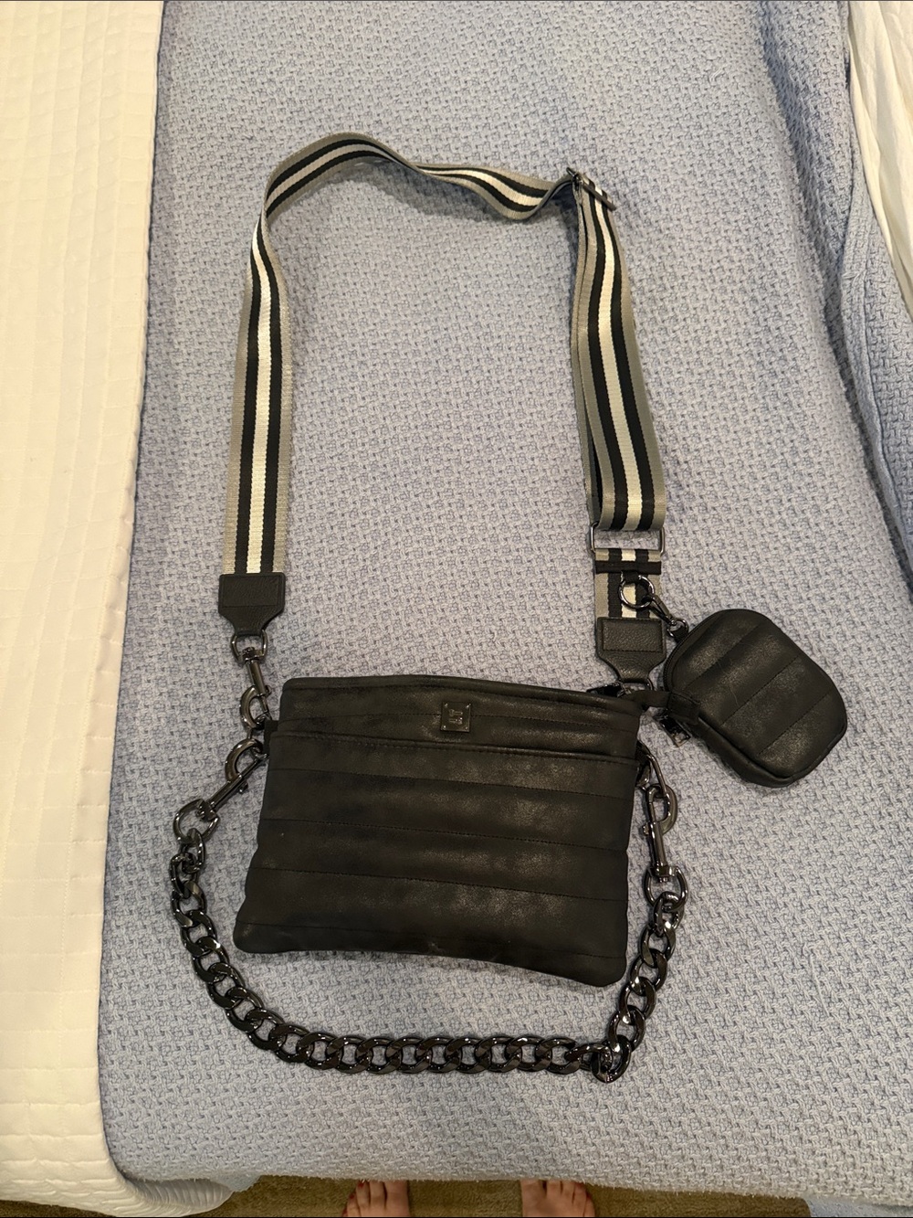 THINK ROYLN Black Quilted Crossbody Bag with Striped Strap